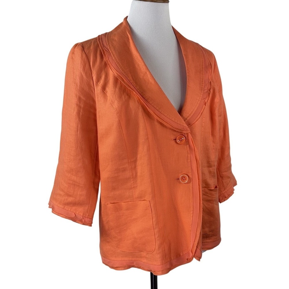 Kim Rogers Linen Jacket Blazer 2 Button 3/4 Sleeve Lined Orange Women's Petite L